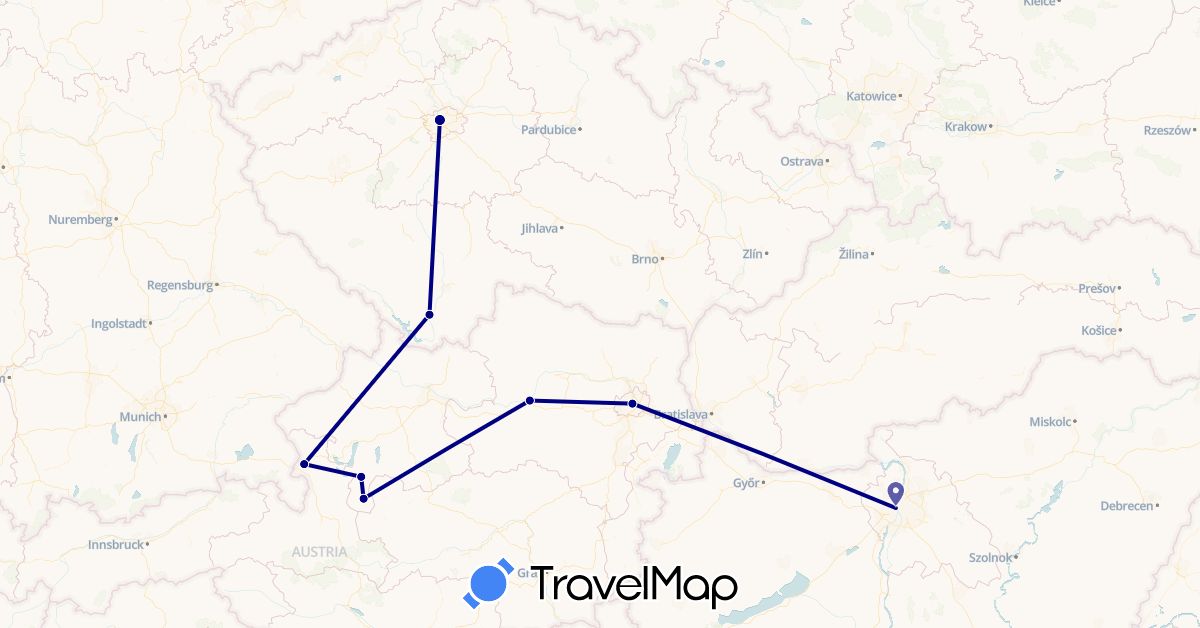 TravelMap itinerary: driving in Austria, Czech Republic, Hungary (Europe)